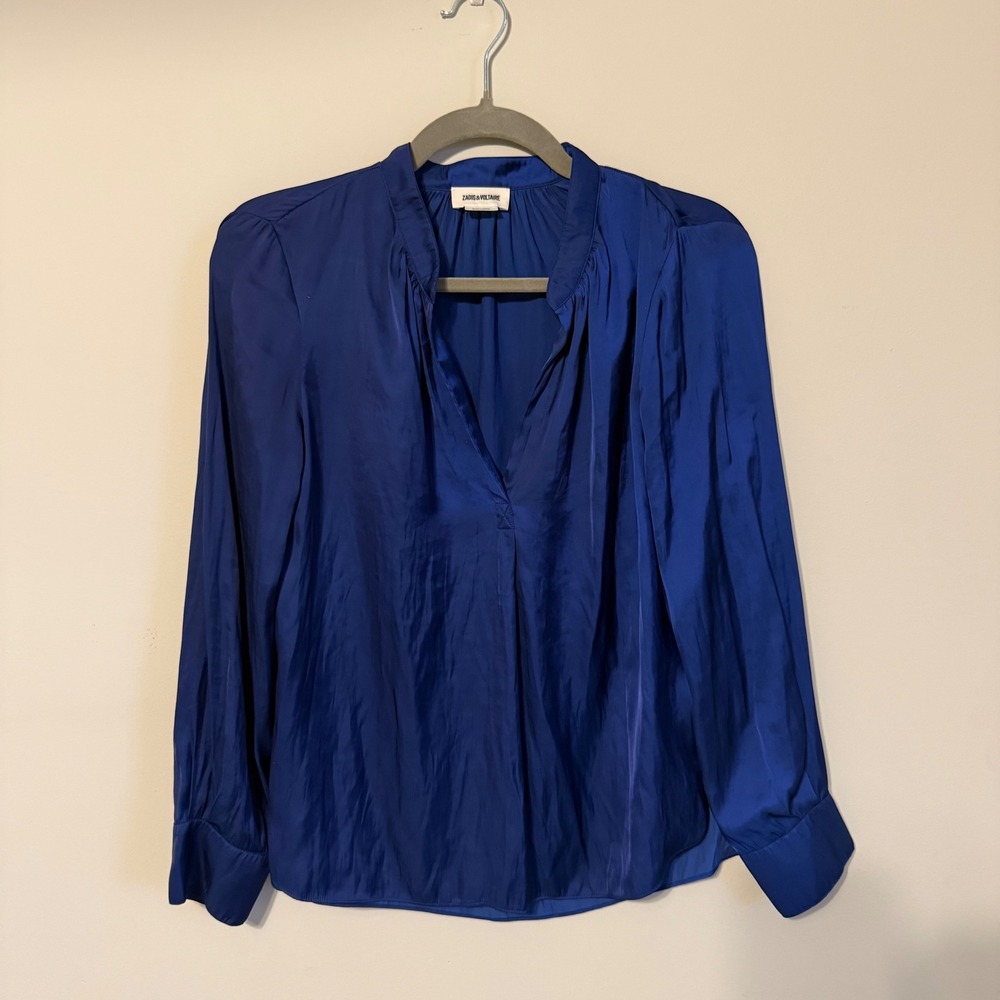 Zadig & Voltaire Tink Satin Blouse Royal Blue V-Neck Long Sleeve XS - Picture 2 of 5